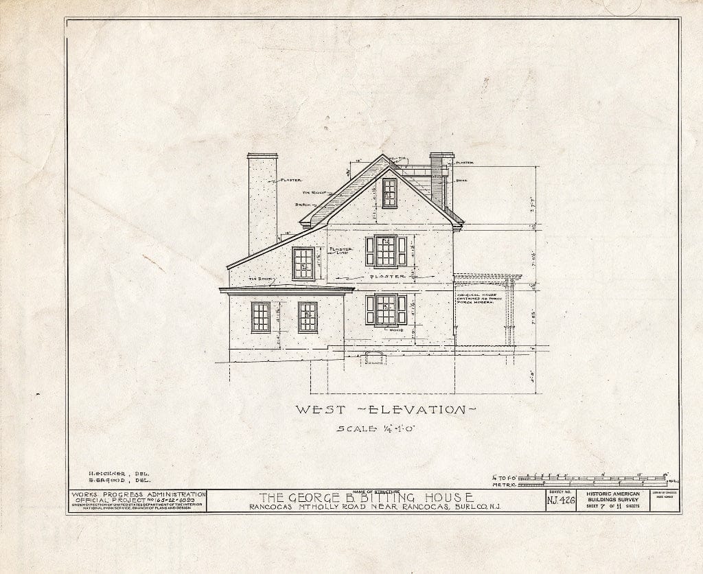 Historic Pictoric : Blueprint HABS NJ,3-RANC.V,7- (Sheet 7 of 11) - Rogers-Bitting House, Rancocas, Burlington County, NJ