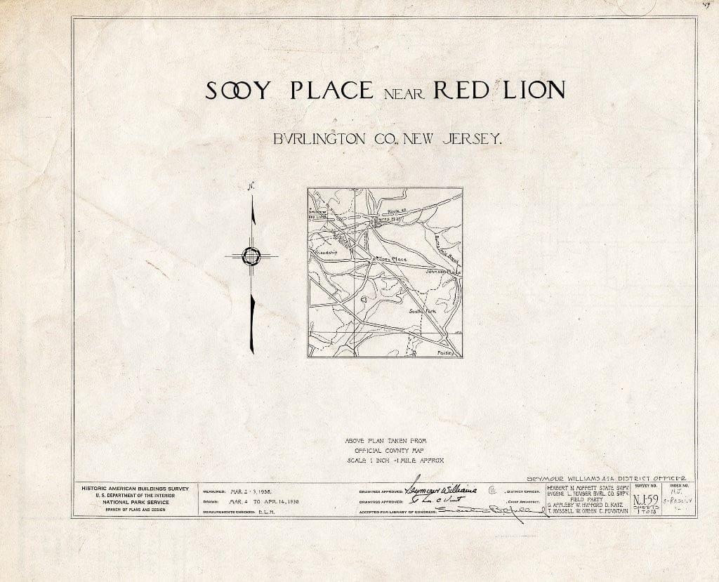 Historic Pictoric : Blueprint HABS NJ,3-REDLI.V,1- (Sheet 0 of 13) - Sooy Place, Red Lion, Burlington County, NJ