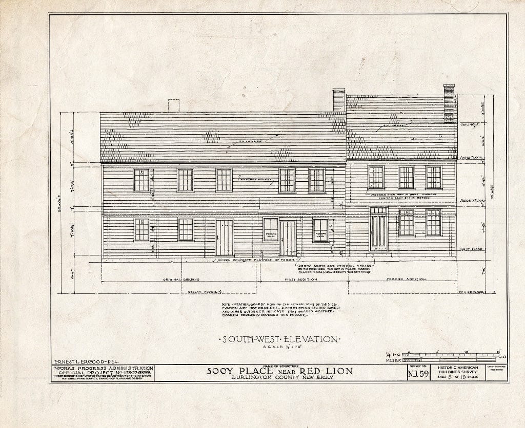 Historic Pictoric : Blueprint HABS NJ,3-REDLI.V,1- (Sheet 5 of 13) - Sooy Place, Red Lion, Burlington County, NJ