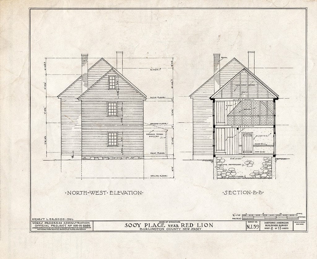 Historic Pictoric : Blueprint HABS NJ,3-REDLI.V,1- (Sheet 6 of 13) - Sooy Place, Red Lion, Burlington County, NJ