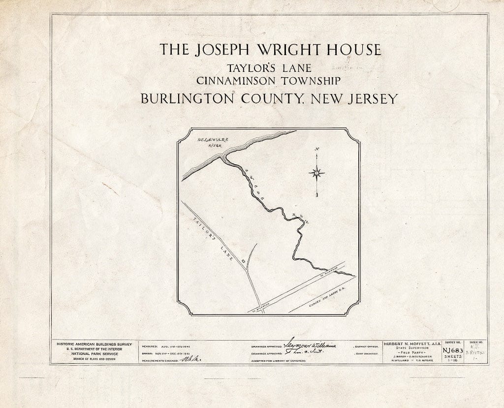 Historic Pictoric : Blueprint HABS NJ,3-RIVTO.V,1- (Sheet 0 of 16) - Joseph Wright House, Taylor's Lane, Riverton, Burlington County, NJ