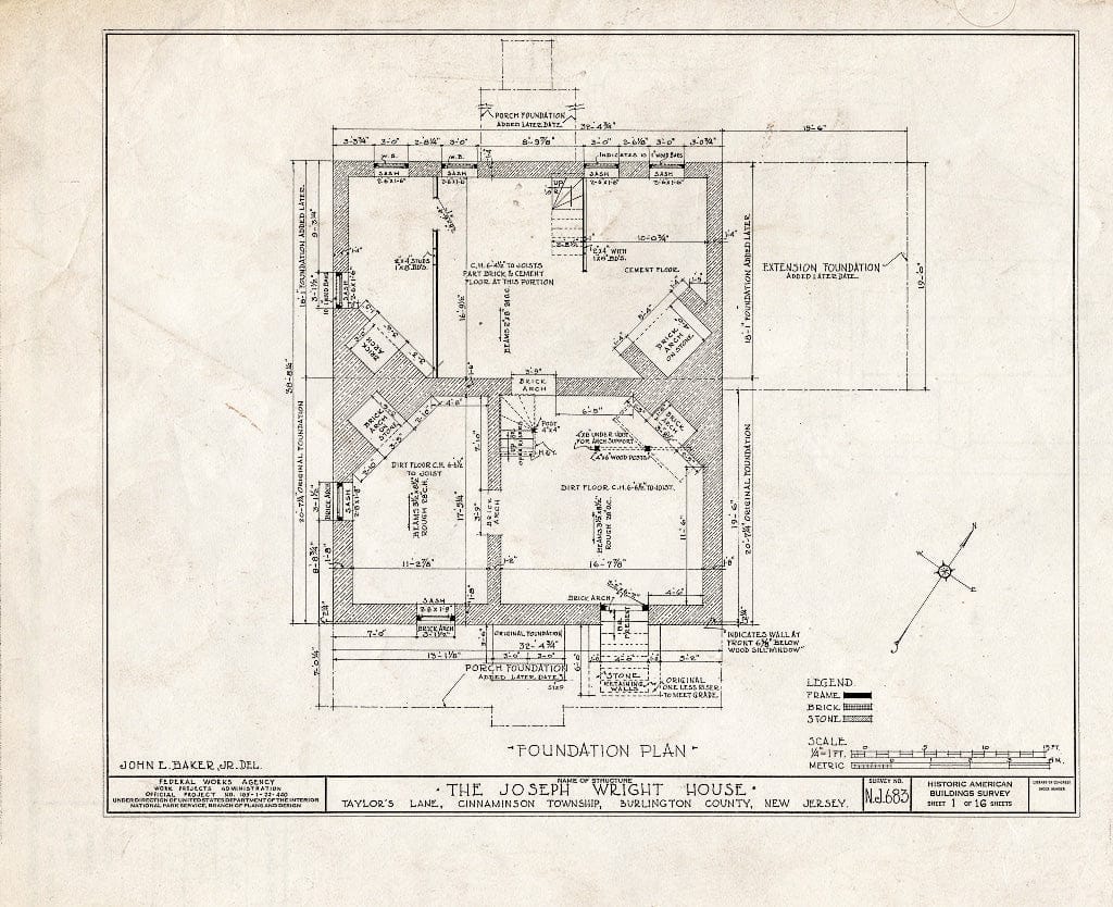 Historic Pictoric : Blueprint HABS NJ,3-RIVTO.V,1- (Sheet 1 of 16) - Joseph Wright House, Taylor's Lane, Riverton, Burlington County, NJ