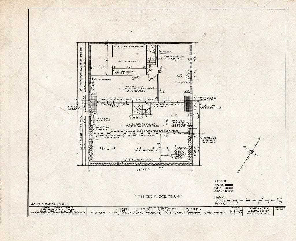Historic Pictoric : Blueprint HABS NJ,3-RIVTO.V,1- (Sheet 4 of 16) - Joseph Wright House, Taylor's Lane, Riverton, Burlington County, NJ