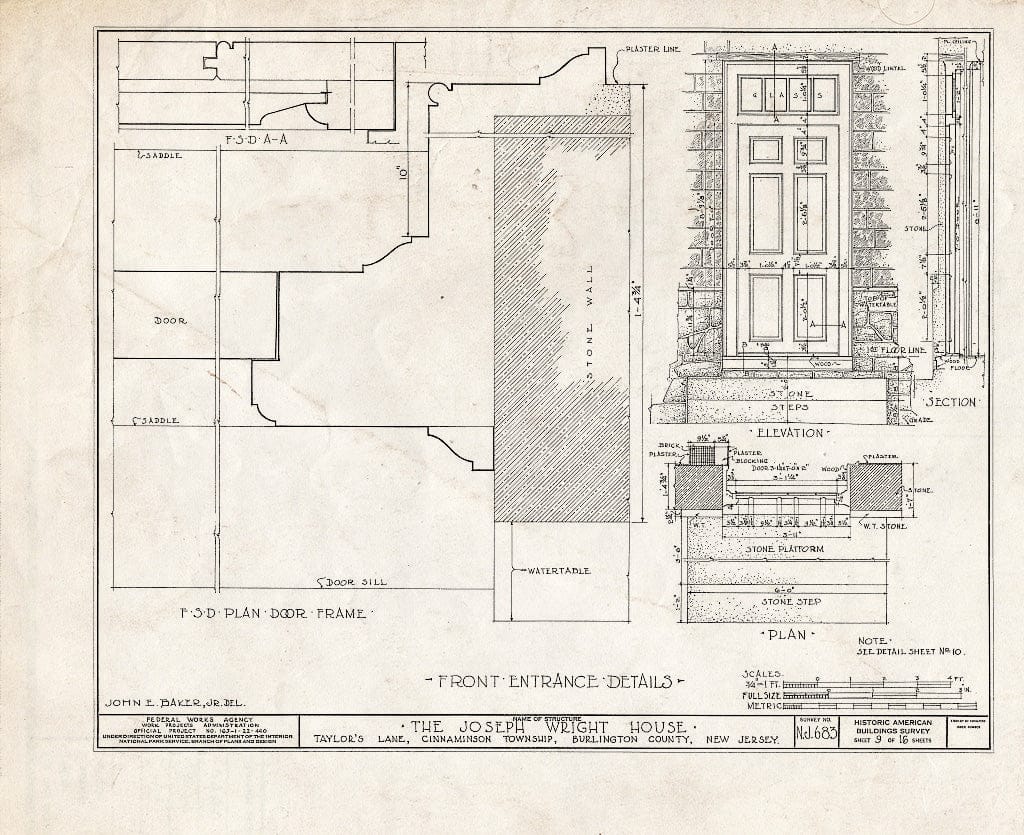 Historic Pictoric : Blueprint HABS NJ,3-RIVTO.V,1- (Sheet 9 of 16) - Joseph Wright House, Taylor's Lane, Riverton, Burlington County, NJ