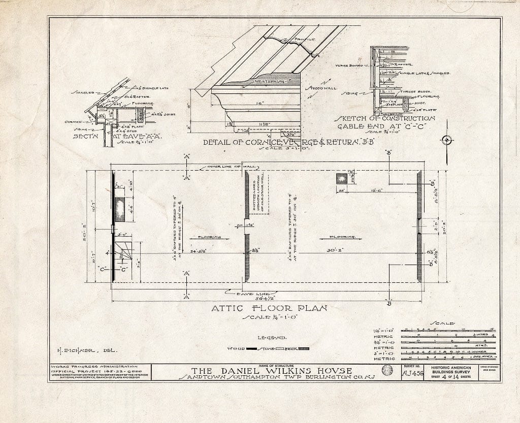 Historic Pictoric : Blueprint HABS NJ,3-Sand,1- (Sheet 4 of 14) - Prickett-Wilkins House, Sandtown, Burlington County, NJ