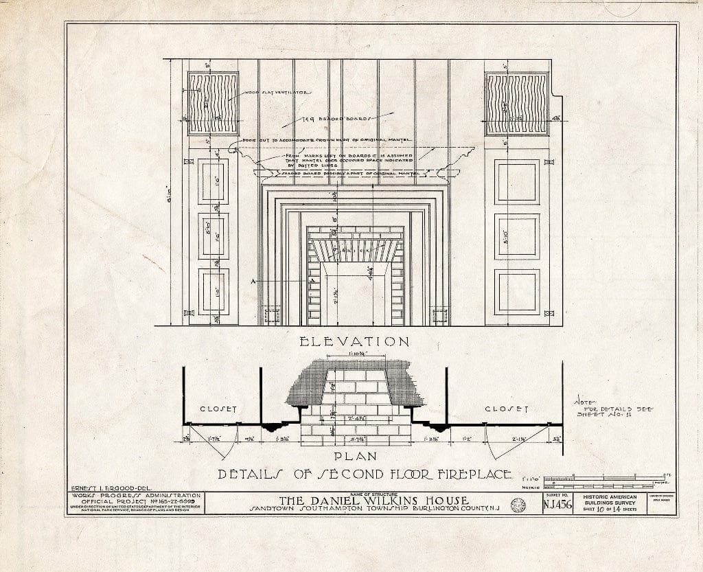 Historic Pictoric : Blueprint HABS NJ,3-Sand,1- (Sheet 10 of 14) - Prickett-Wilkins House, Sandtown, Burlington County, NJ