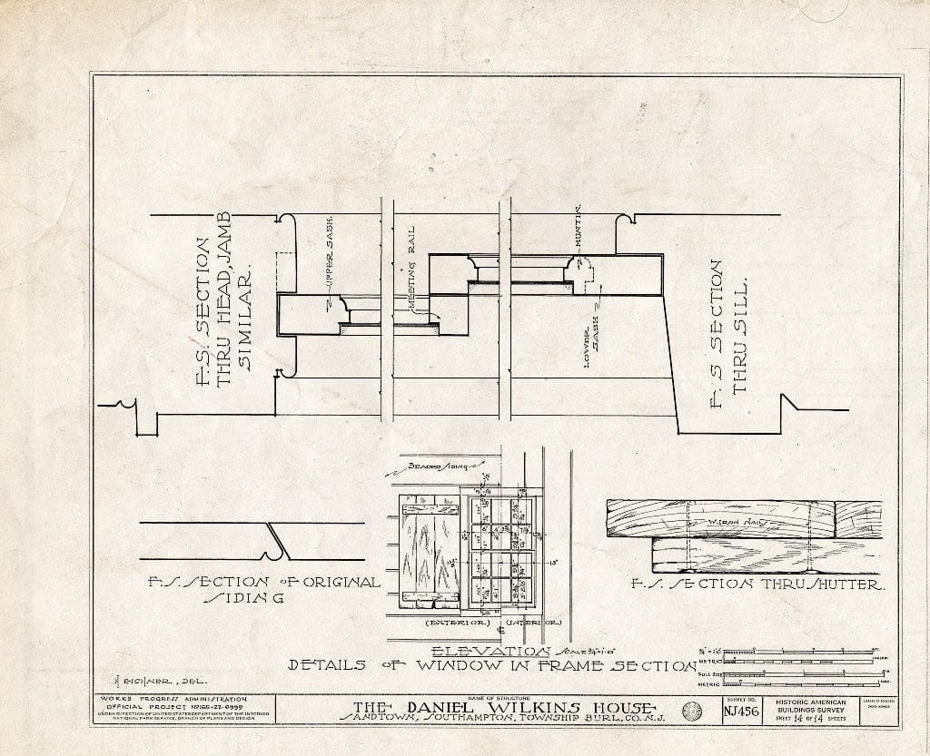 Historic Pictoric : Blueprint HABS NJ,3-Sand,1- (Sheet 14 of 14) - Prickett-Wilkins House, Sandtown, Burlington County, NJ