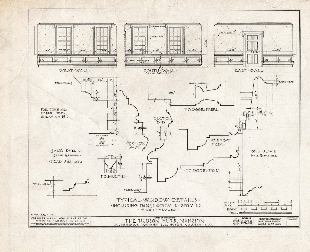 Historic Pictoric : Blueprint HABS NJ,3-PEMBS,1- (Sheet 14 of 29) - Hudson Burr Mansion, South Pemberton, Burlington County, NJ