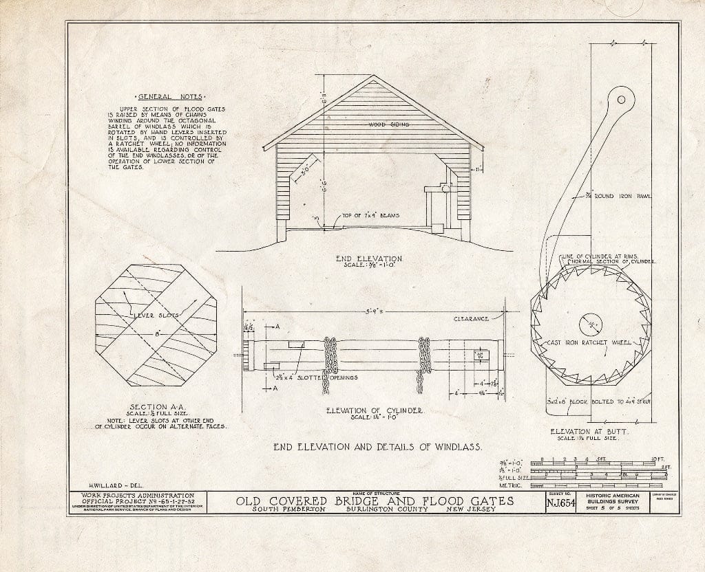 Historic Pictoric : Blueprint End Elevation and Details of Windlass