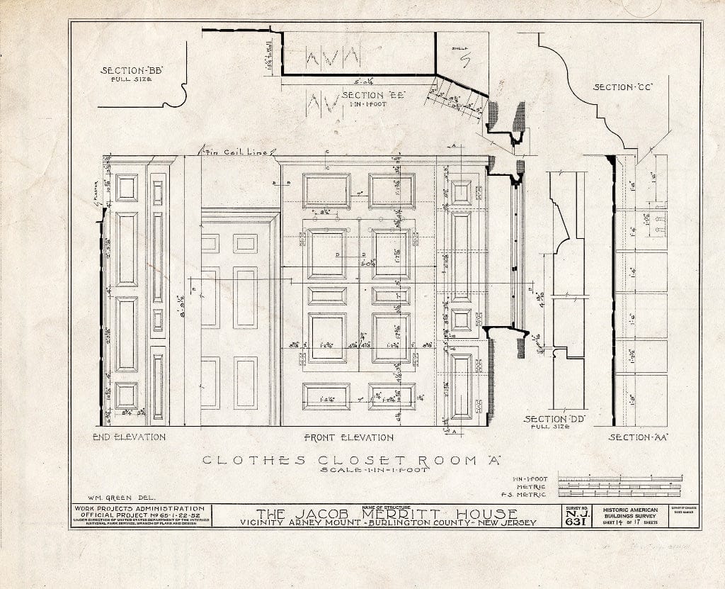 Historic Pictoric : Blueprint HABS NJ,3-MOUHO.V,3- (Sheet 14 of 17) - Jacob Merritt House, Springfield, Burlington County, NJ
