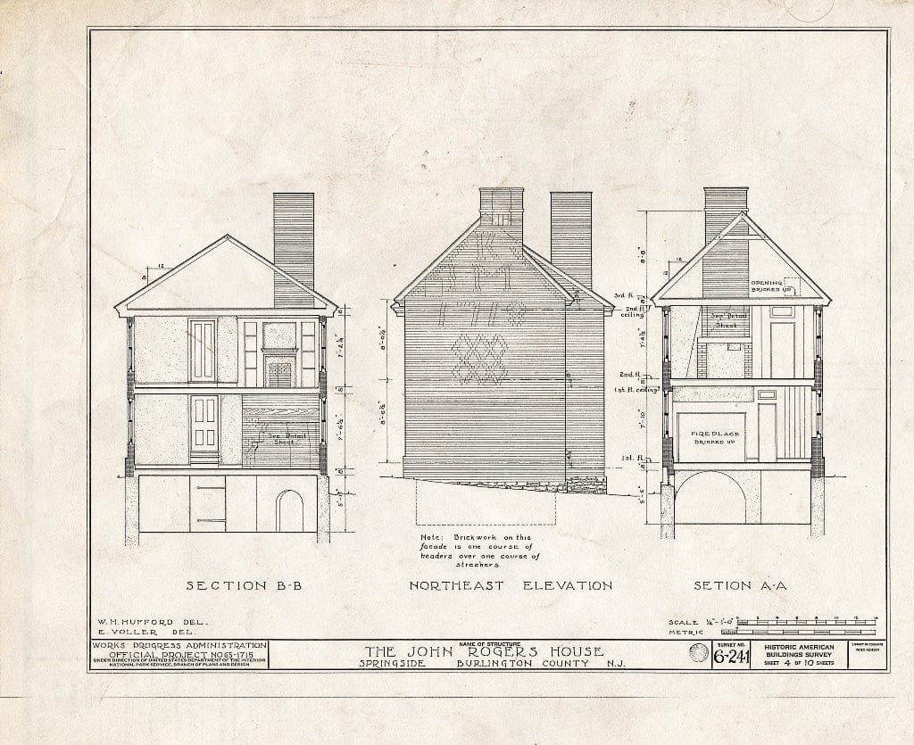 Historic Pictoric : Blueprint HABS NJ,3-SPRI.V,1- (Sheet 4 of 10) - John Rogers House, Springside, Burlington County, NJ