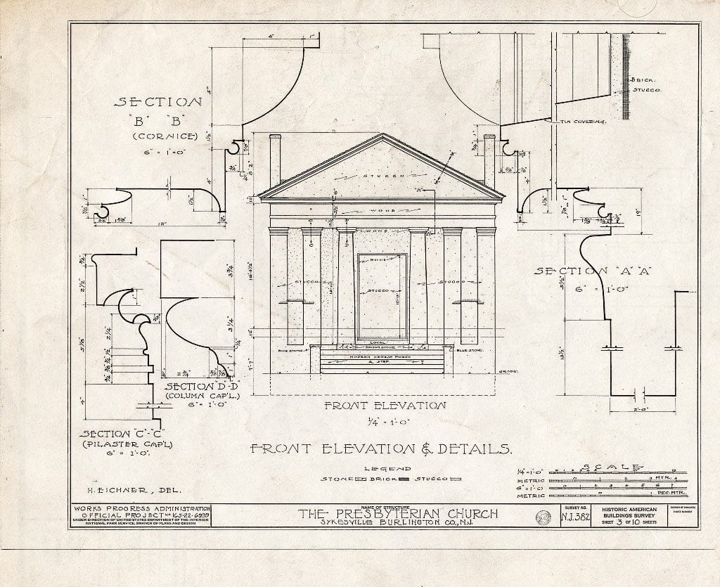 Historic Pictoric : Blueprint HABS NJ,3-SYKVI,1- (Sheet 3 of 10) - Plattsburg Presbyterian Church, Sykesville, Burlington County, NJ