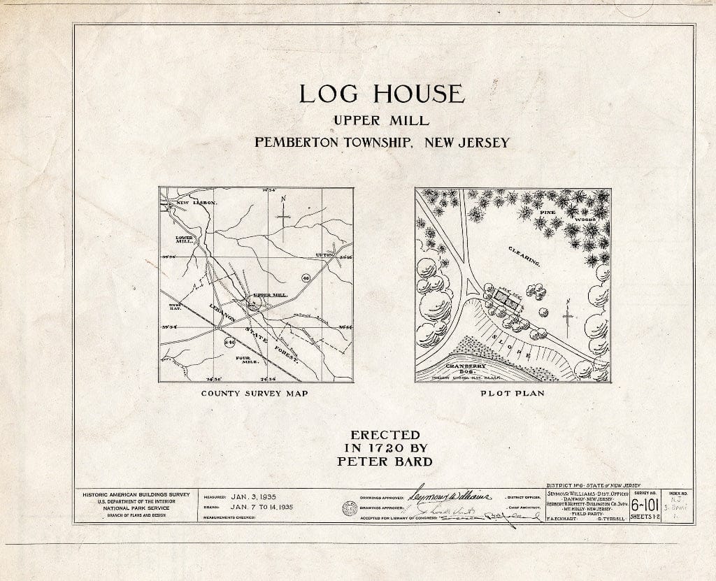 Historic Pictoric : Blueprint HABS NJ,3-UPMI,1- (Sheet 0 of 2) - Peter Bard Log Cabin, Lebanon State Forest, Upper Mill, Burlington County, NJ