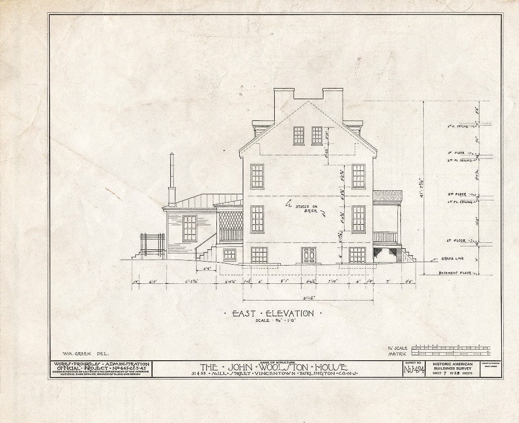 Historic Pictoric : Blueprint HABS NJ,3-VINTO,1- (Sheet 7 of 28) - John Woolston House, 51-53 Mill Street, Vincentown, Burlington County, NJ