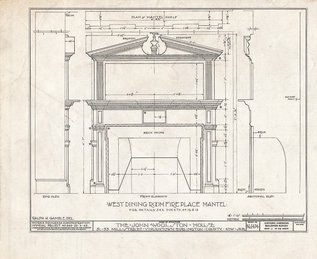 Historic Pictoric : Blueprint HABS NJ,3-VINTO,1- (Sheet 11 of 28) - John Woolston House, 51-53 Mill Street, Vincentown, Burlington County, NJ