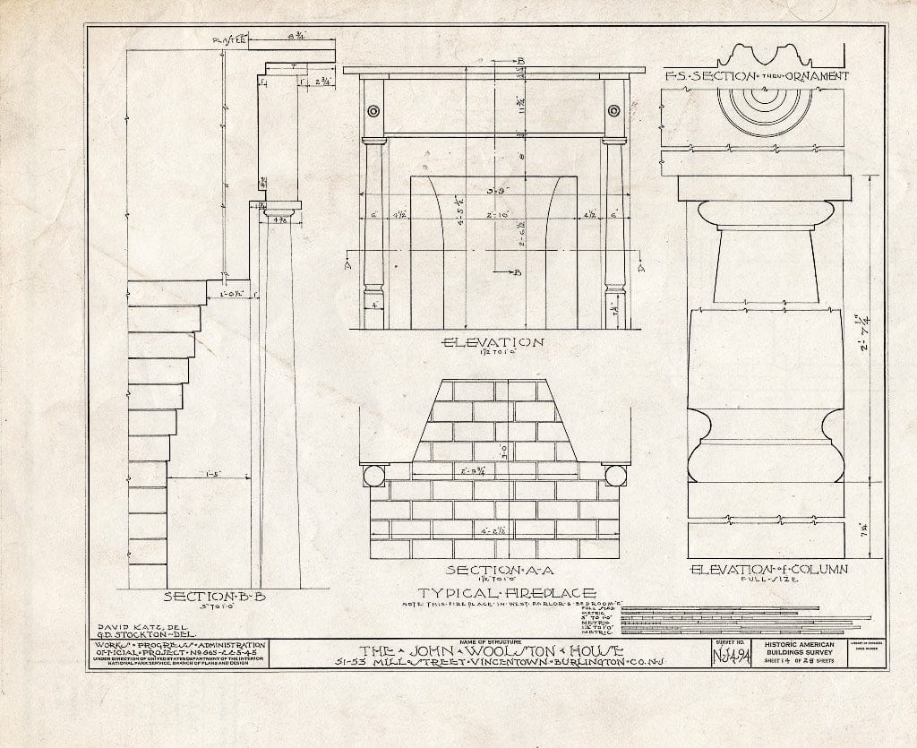 Historic Pictoric : Blueprint HABS NJ,3-VINTO,1- (Sheet 14 of 28) - John Woolston House, 51-53 Mill Street, Vincentown, Burlington County, NJ