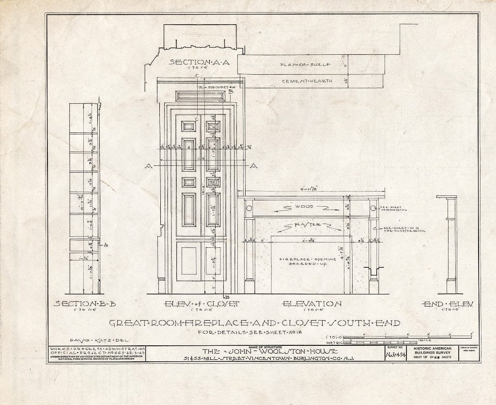 Historic Pictoric : Blueprint HABS NJ,3-VINTO,1- (Sheet 15 of 28) - John Woolston House, 51-53 Mill Street, Vincentown, Burlington County, NJ