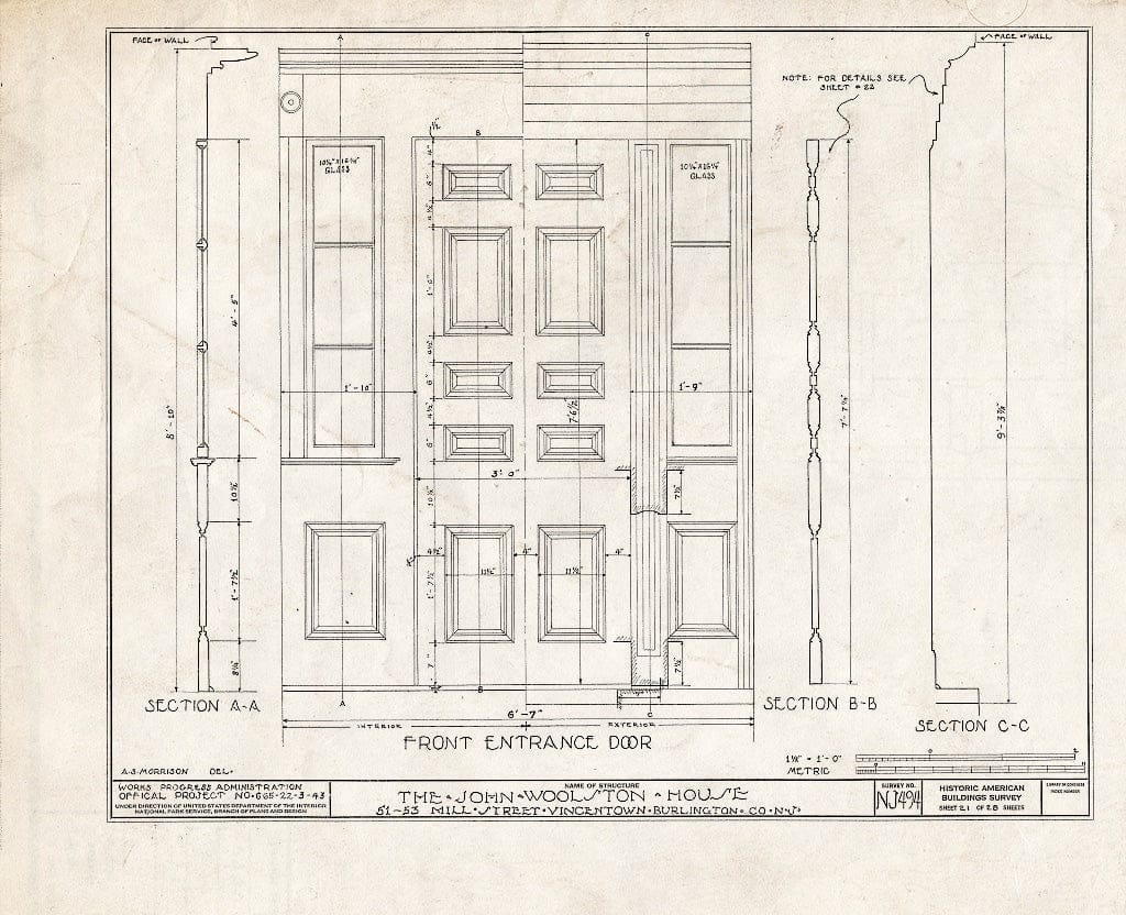 Historic Pictoric : Blueprint HABS NJ,3-VINTO,1- (Sheet 21 of 28) - John Woolston House, 51-53 Mill Street, Vincentown, Burlington County, NJ