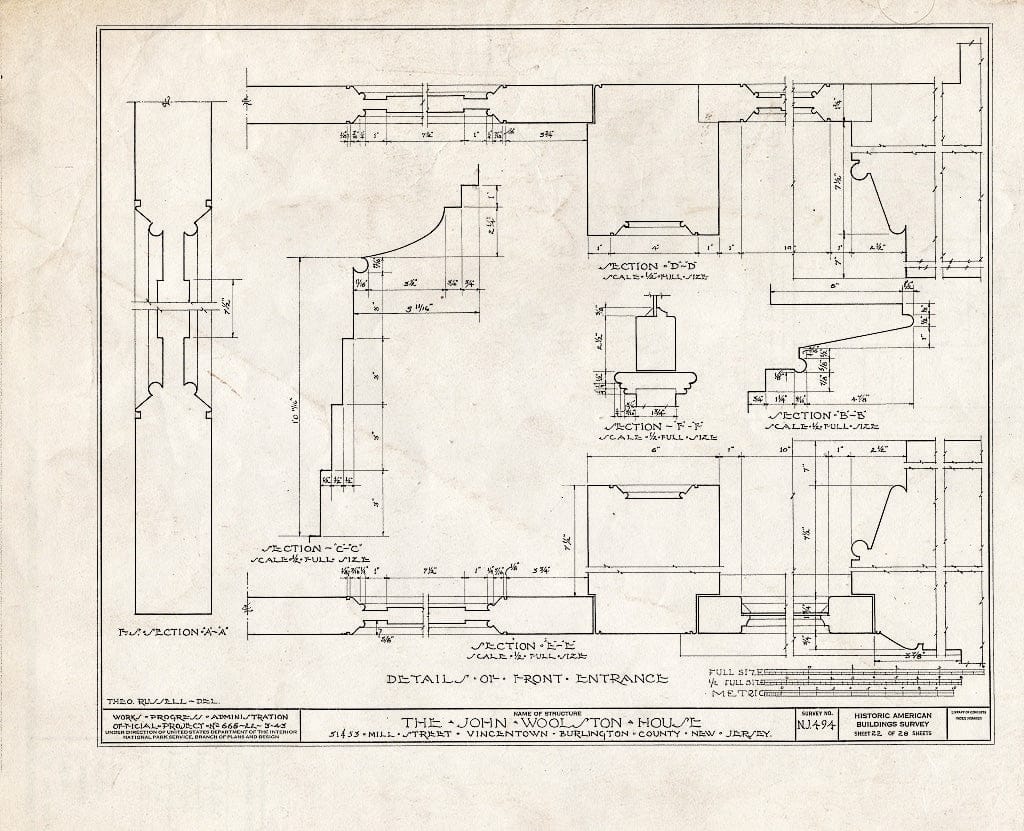 Historic Pictoric : Blueprint HABS NJ,3-VINTO,1- (Sheet 22 of 28) - John Woolston House, 51-53 Mill Street, Vincentown, Burlington County, NJ