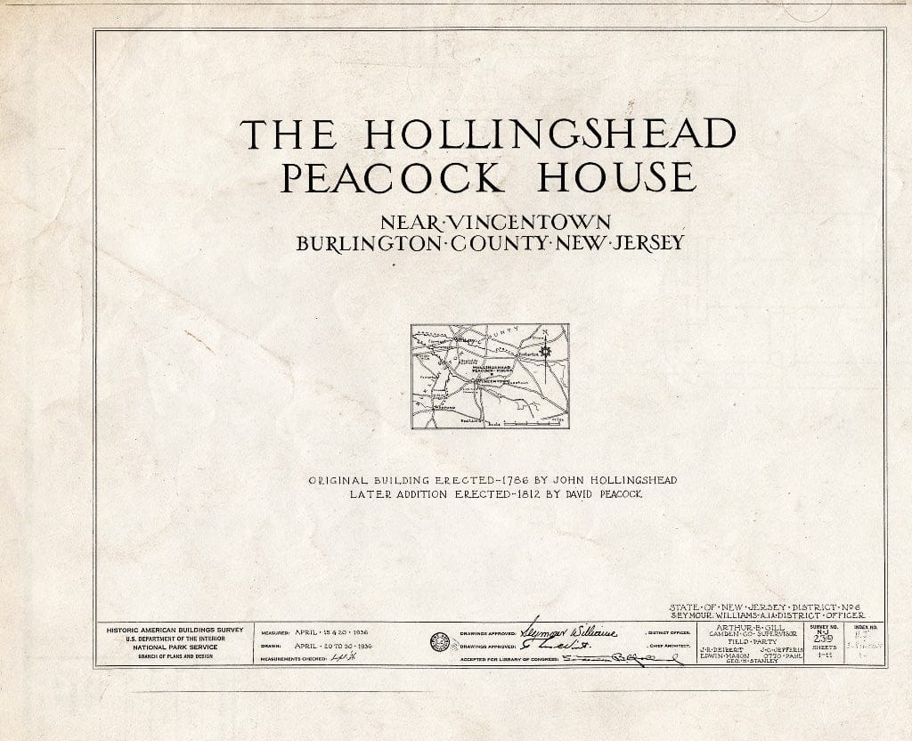 Historic Pictoric : Blueprint HABS NJ,3-VINTO.V,1- (Sheet 0 of 11) - Hollingshead-Peacock House, Pemberton-Vincetown Road, Vincentown, Burlington County, NJ