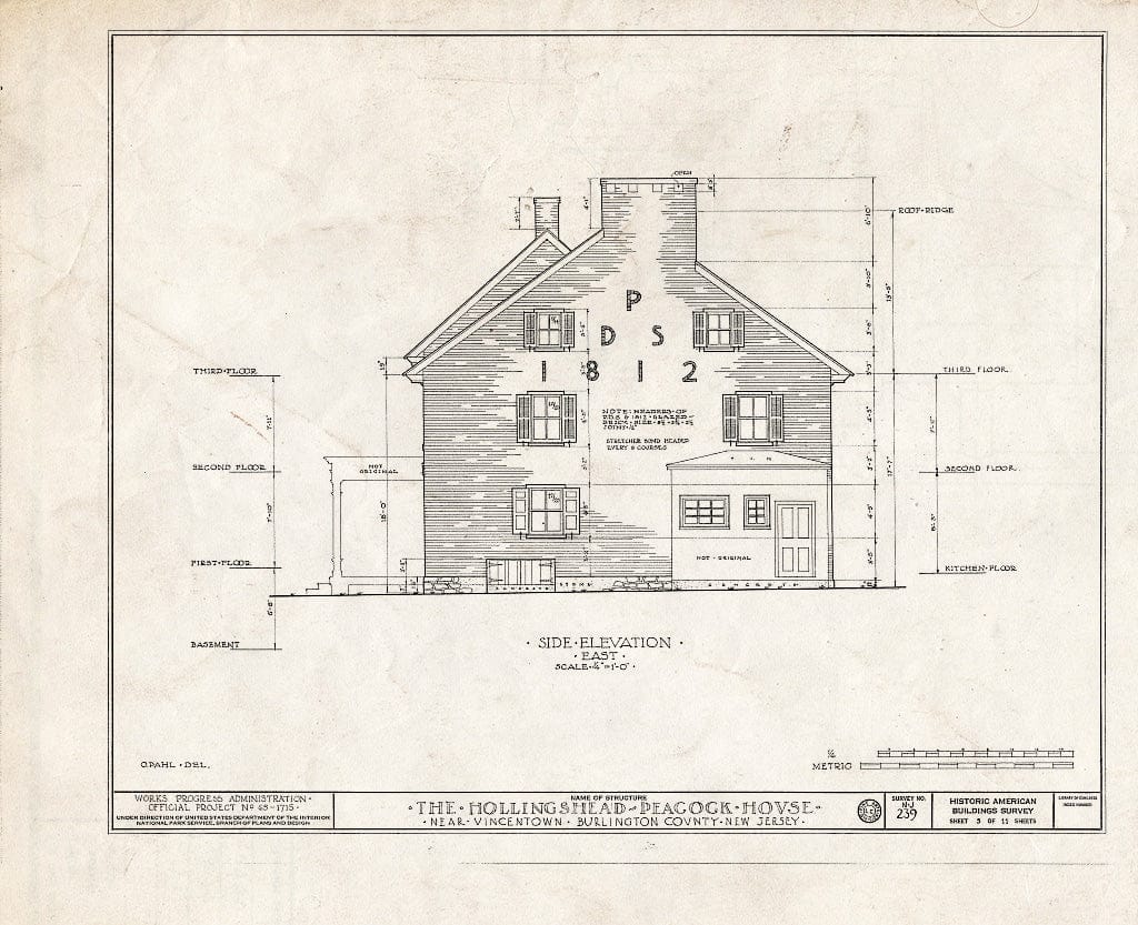 Historic Pictoric : Blueprint HABS NJ,3-VINTO.V,1- (Sheet 5 of 11) - Hollingshead-Peacock House, Pemberton-Vincetown Road, Vincentown, Burlington County, NJ