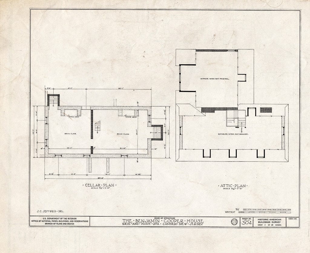 Historic Pictoric : Blueprint HABS NJ,4-CAM,7- (Sheet 1 of 9) - Benjamin Cooper House, Point & Erie Streets, Camden, Camden County, NJ