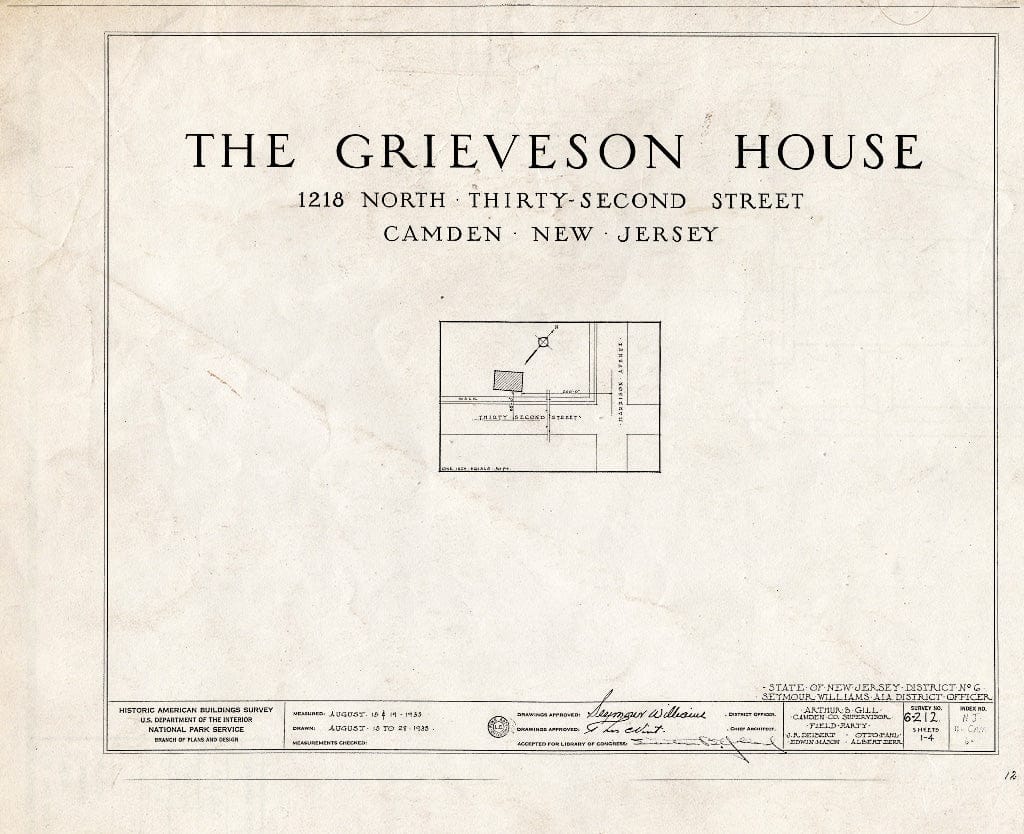 Historic Pictoric : Blueprint HABS NJ,4-CAM,6- (Sheet 0 of 4) - Grieveson House, 1218 North Thirty-Second Street, Camden, Camden County, NJ