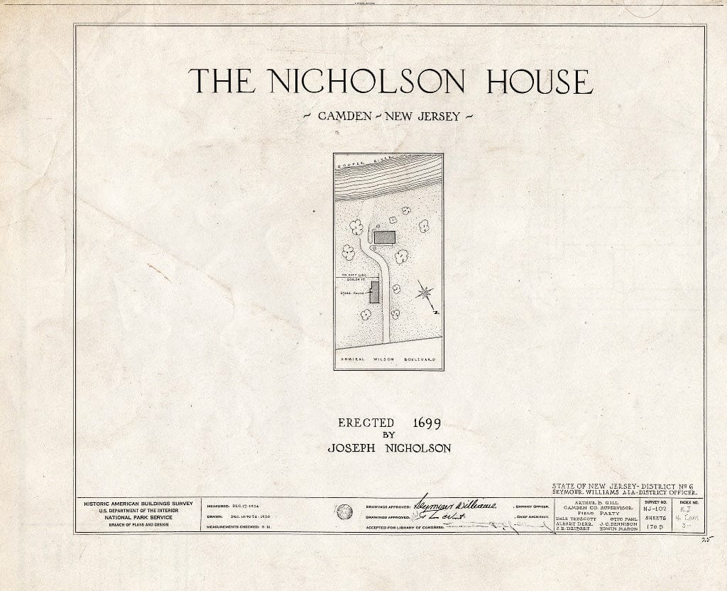 Historic Pictoric : Blueprint HABS NJ,4-CAM,3- (Sheet 0 of 5) - Nicholson House, Admiral Wilson Boulevard, Camden, Camden County, NJ