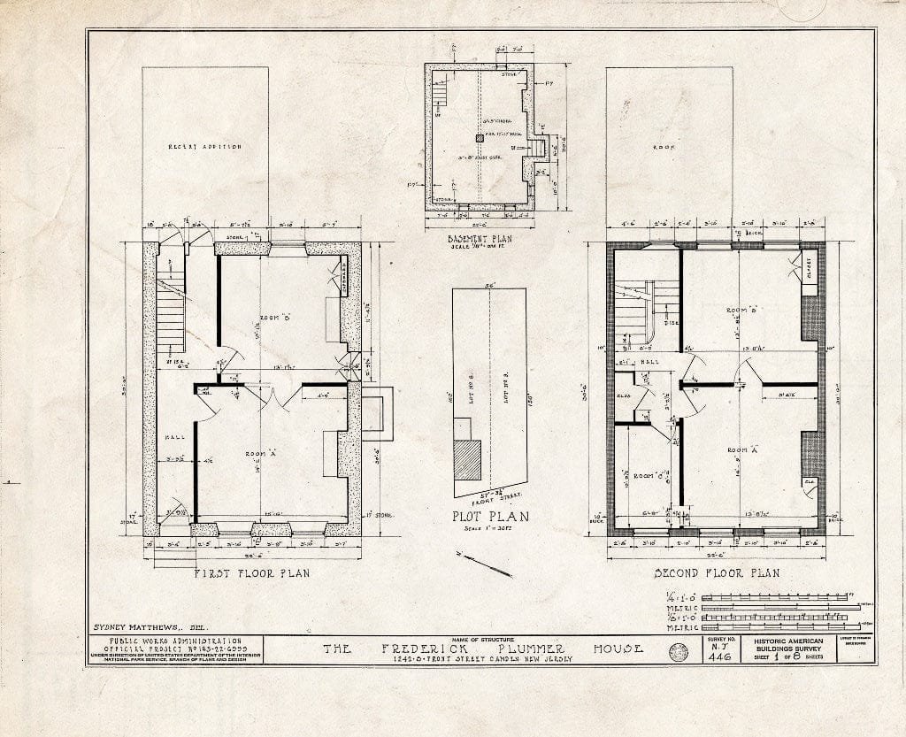 Historic Pictoric : Blueprint HABS NJ,4-CAM,8- (Sheet 1 of 8) - Frederick Plummer House, 1242 South Front Street, Camden, Camden County, NJ