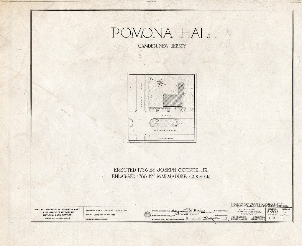 Historic Pictoric : Blueprint HABS NJ,4-CAM,4- (Sheet 0 of 10) - Pomona Hall, Park Boulevard & Euclid Avenue, Camden, Camden County, NJ