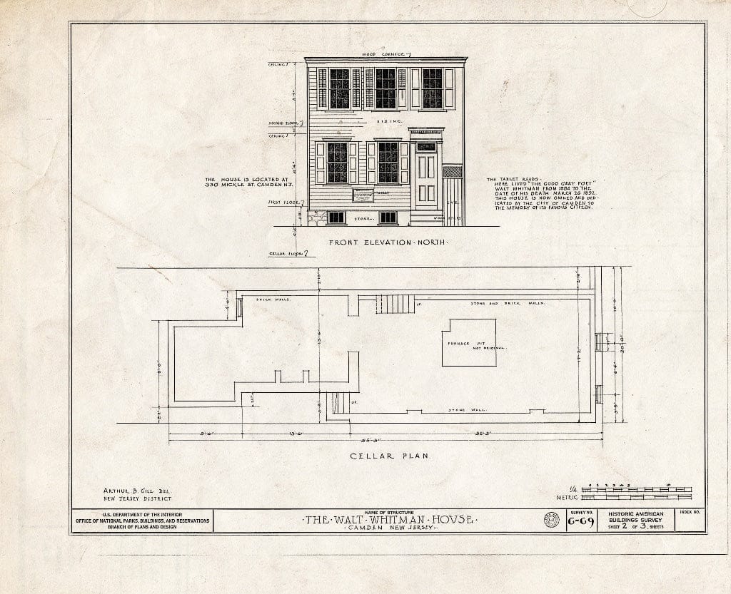 Historic Pictoric : Blueprint HABS NJ,4-CAM,1- (Sheet 2 of 3) - Walt Whitman House, 328 Mickle Street, Camden, Camden County, NJ