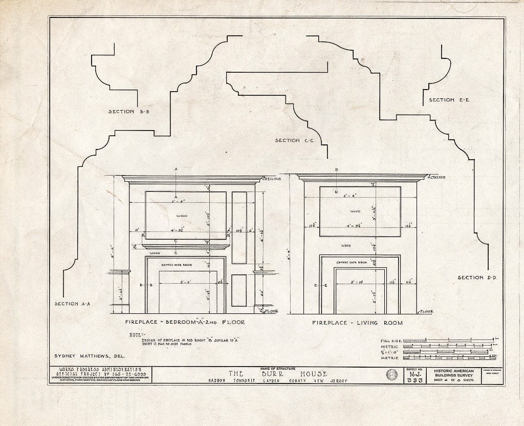 Historic Pictoric : Blueprint HABS NJ,4-COLWO,1- (Sheet 6 of 8) - Hopkins-Burr House, King's Highway, Collingswood, Camden County, NJ