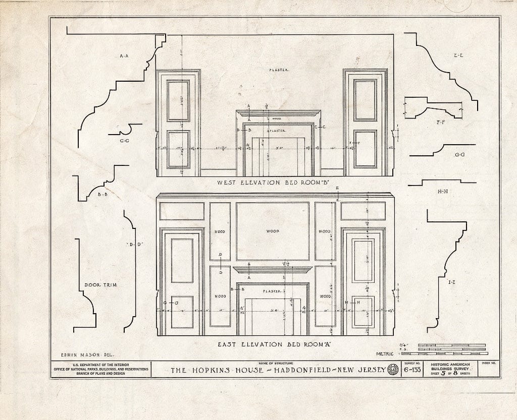 Historic Pictoric : Blueprint HABS NJ,4-HADFI,5- (Sheet 5 of 8) - Hopkins House, Birdwood-Hopkins Road, Haddonfield, Camden County, NJ