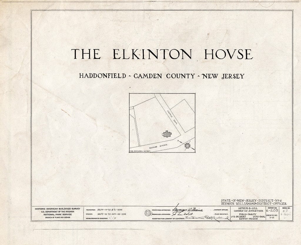 Historic Pictoric : Blueprint HABS NJ,4-HADFI,6- (Sheet 0 of 12) - Hopkins-Elkinton House, Haddon Avenue & Lake Street, Haddonfield, Camden County, NJ