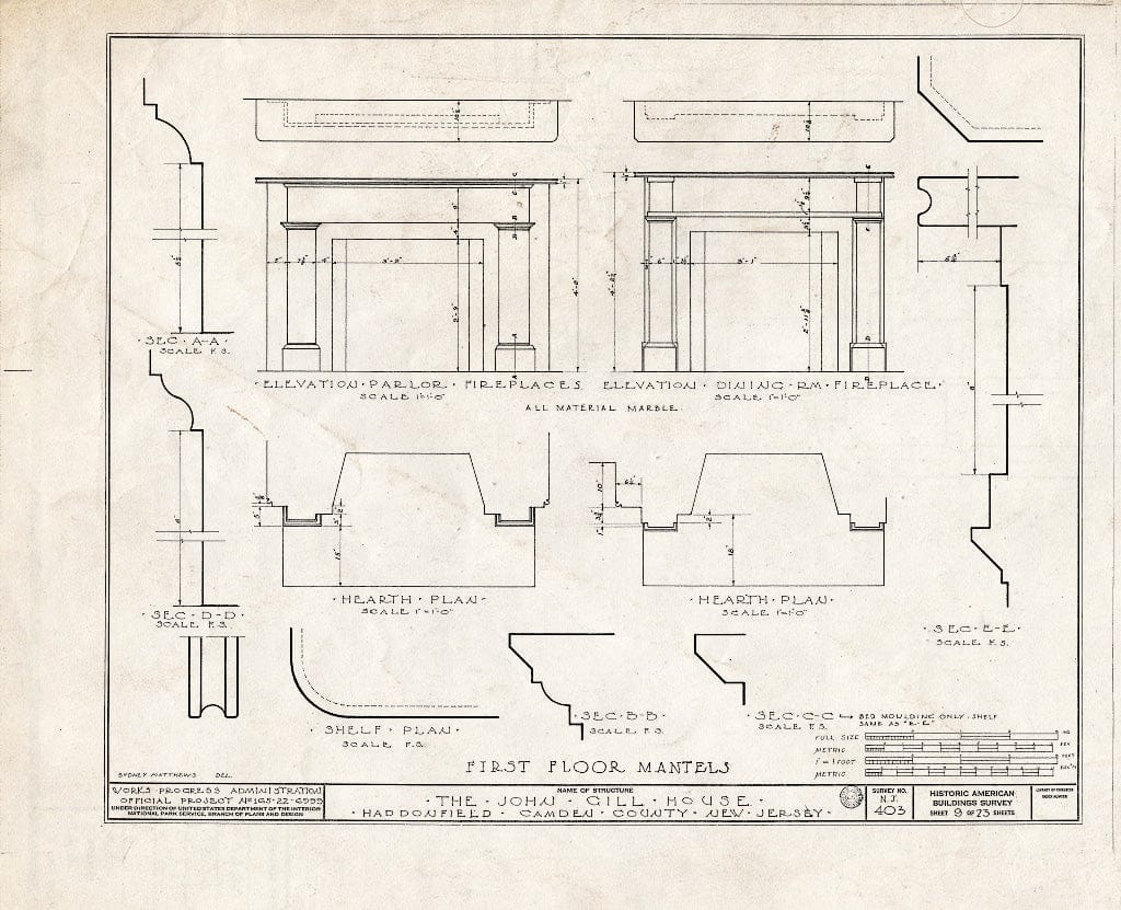 Historic Pictoric : Blueprint HABS NJ,4-HADFI,9- (Sheet 9 of 23) - John Gill House, 343 Kings Highway East, Haddonfield, Camden County, NJ