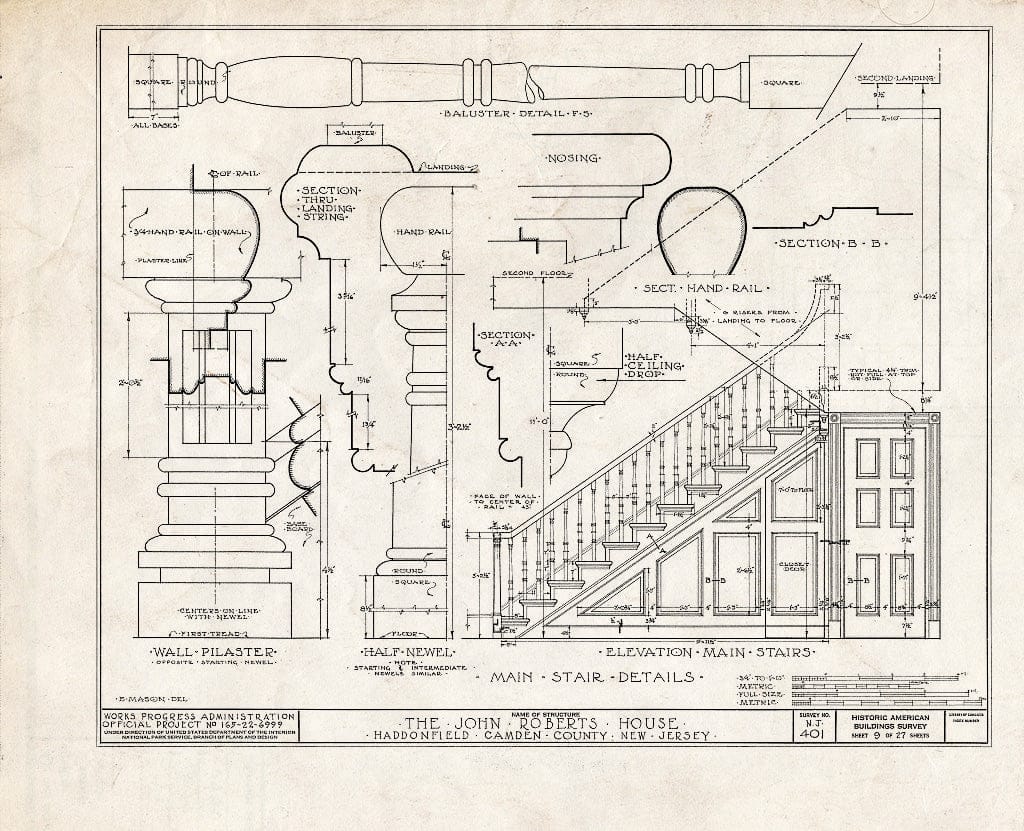 Historic Pictoric : Blueprint HABS NJ,4-HADFI,7- (Sheet 9 of 27) - John Roberts House, 344 East Kings Highway, Haddonfield, Camden County, NJ