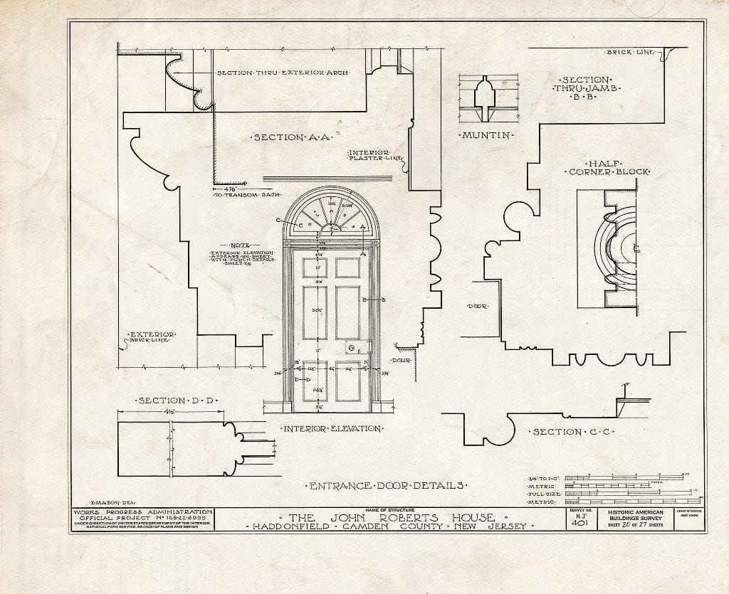 Historic Pictoric : Blueprint HABS NJ,4-HADFI,7- (Sheet 20 of 27) - John Roberts House, 344 East Kings Highway, Haddonfield, Camden County, NJ