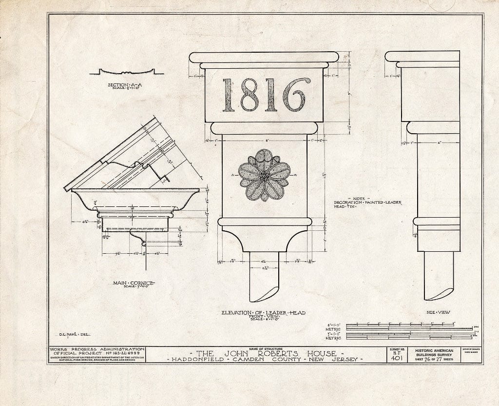 Historic Pictoric : Blueprint HABS NJ,4-HADFI,7- (Sheet 26 of 27) - John Roberts House, 344 East Kings Highway, Haddonfield, Camden County, NJ
