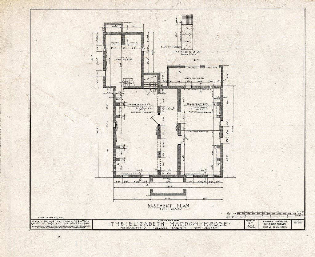 Historic Pictoric : Blueprint HABS NJ,4-HADFI,8- (Sheet 2 of 27) - Wood-Haddon House, 201 Wood Lane & Hawthorne Avenue, Haddonfield, Camden County, NJ