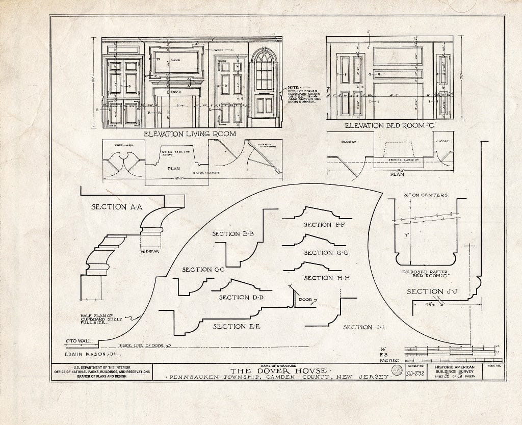Historic Pictoric : Blueprint HABS NJ,4-Merch.V,2- (Sheet 5 of 5) - Burrough-Dover Farmhouse, Pennsauken, Camden County, NJ