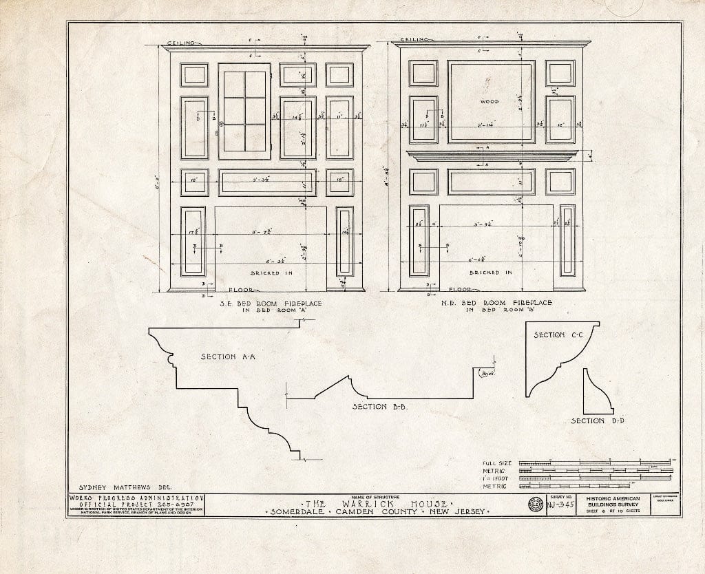 Historic Pictoric : Blueprint HABS NJ,4-SOM.V,1- (Sheet 6 of 10) - Warrick House, Warrick Road, Somerdale, Camden County, NJ