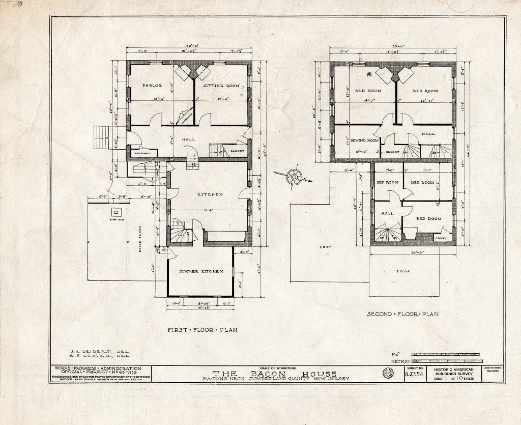 Historic Pictoric : Blueprint HABS NJ,6-BACO,2- (Sheet 1 of 10) - Bacon House, Greenwich, Cumberland County, NJ