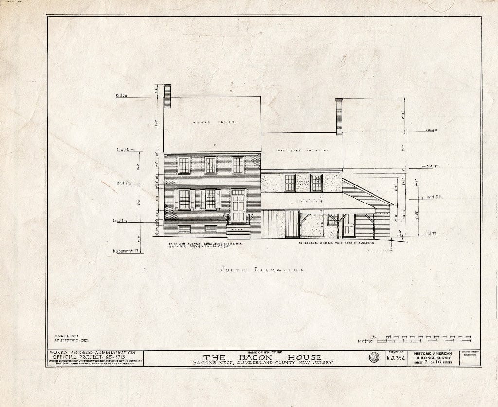 Historic Pictoric : Blueprint HABS NJ,6-BACO,2- (Sheet 2 of 10) - Bacon House, Greenwich, Cumberland County, NJ