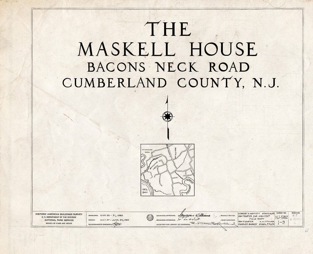Historic Pictoric : Blueprint HABS NJ,6-BACO.V,1- (Sheet 0 of 9) - Thomas Maskell House, Bacon's Neck Road, Greenwich, Cumberland County, NJ