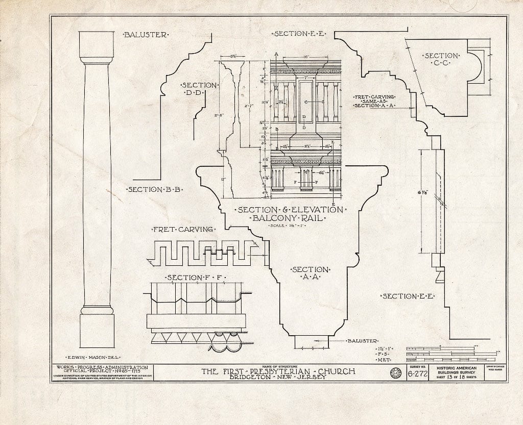 Historic Pictoric : Blueprint HABS NJ,6-BRIG,2- (Sheet 13 of 18) - First Presbyterian Church, West Broad Street, Bridgeton, Cumberland County, NJ