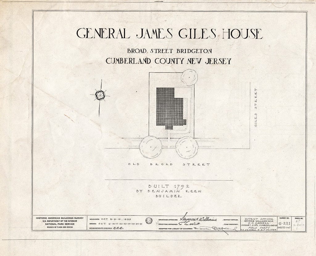 Historic Pictoric : Blueprint HABS NJ,6-BRIG,1- (Sheet 0 of 7) - James Giles House, 143 West Broad Street, Bridgeton, Cumberland County, NJ