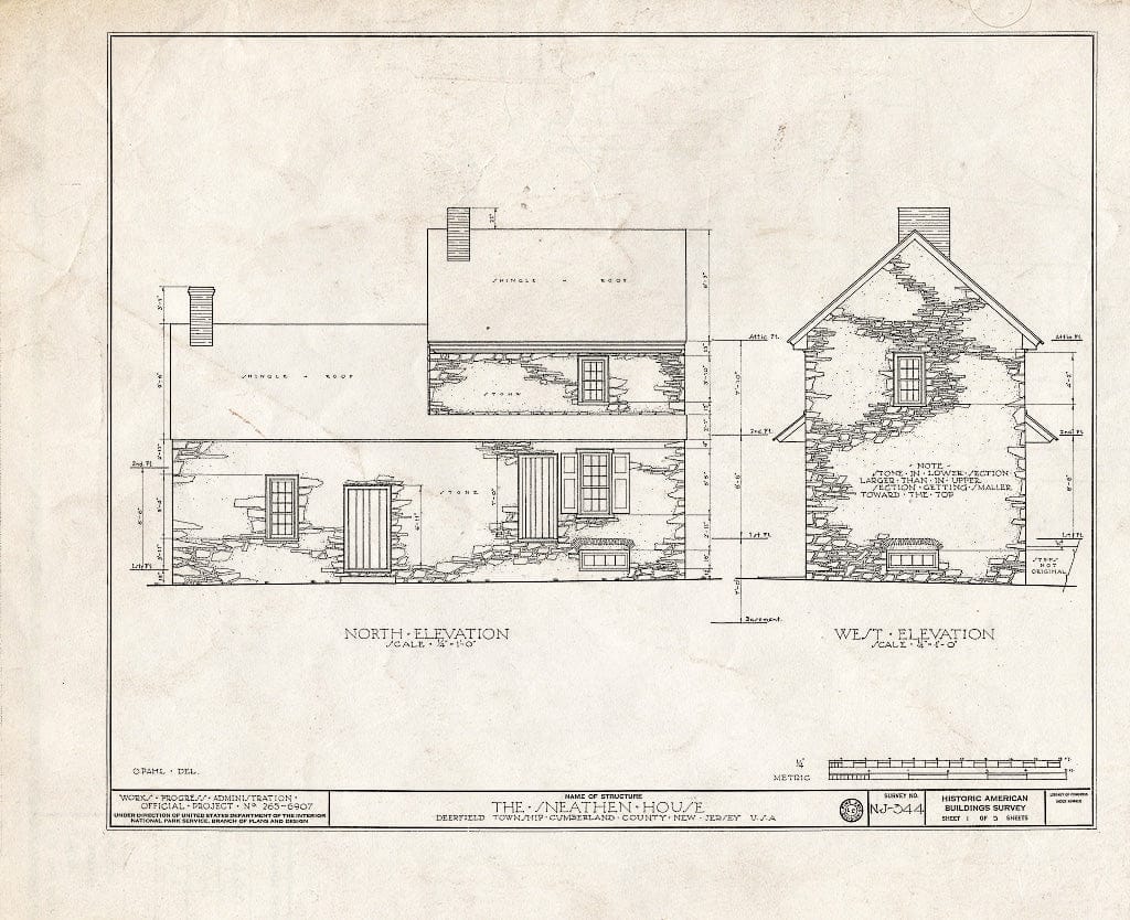Historic Pictoric : Blueprint HABS NJ,6-DERF.V,1- (Sheet 1 of 5) - Sneathen House, Deerfield Street, Deerfield, Cumberland County, NJ