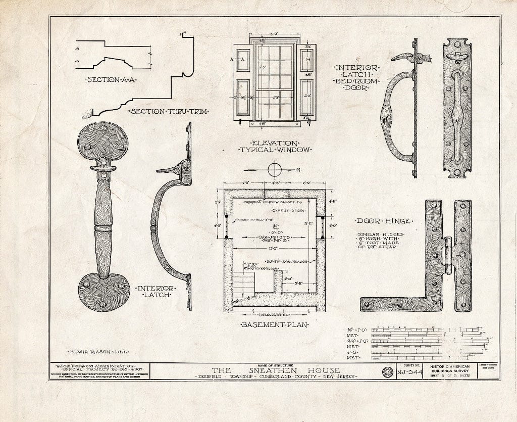 Historic Pictoric : Blueprint HABS NJ,6-DERF.V,1- (Sheet 5 of 5) - Sneathen House, Deerfield Street, Deerfield, Cumberland County, NJ