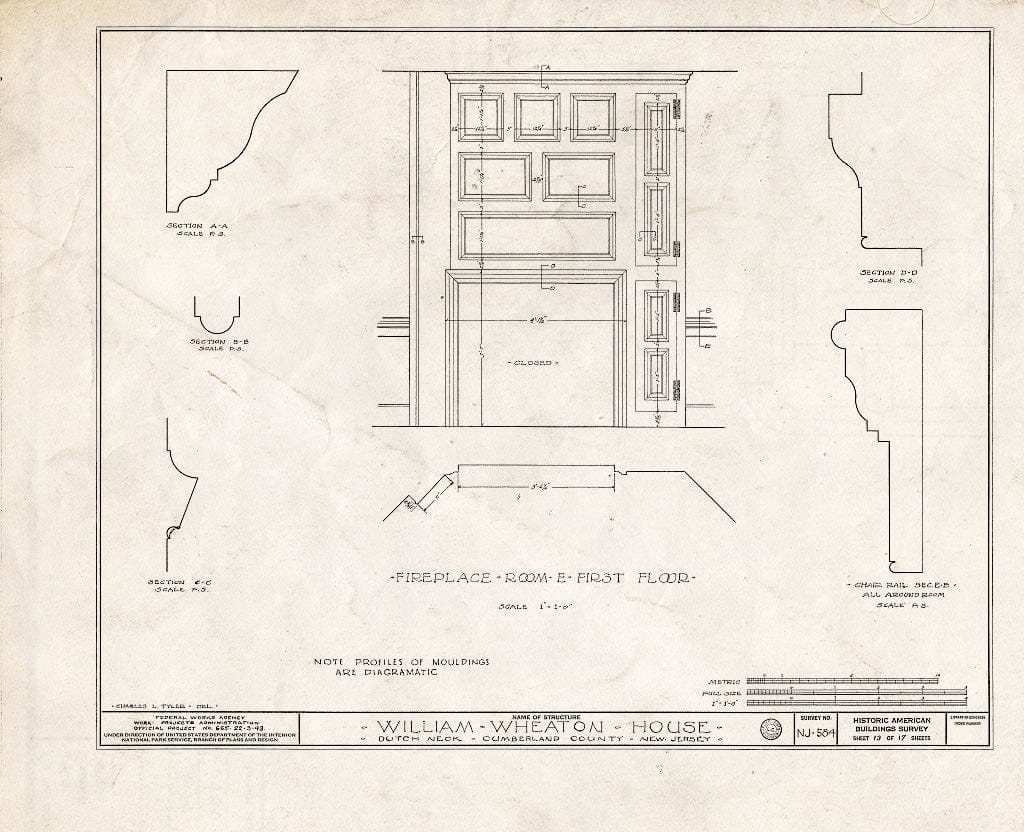 Historic Pictoric : Blueprint HABS NJ,6-GREWI.V,4- (Sheet 13 of 17) - William Wheaton House, County Road 50, Dutch Neck, Mercer County, NJ