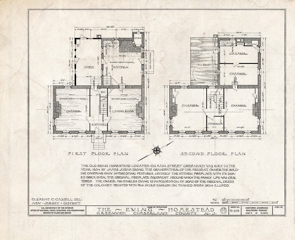 Historic Pictoric : Blueprint HABS NJ,6-GREWI,4- (Sheet 1 of 6) - Ewing Homestead, Main Street, Greenwich, Cumberland County, NJ